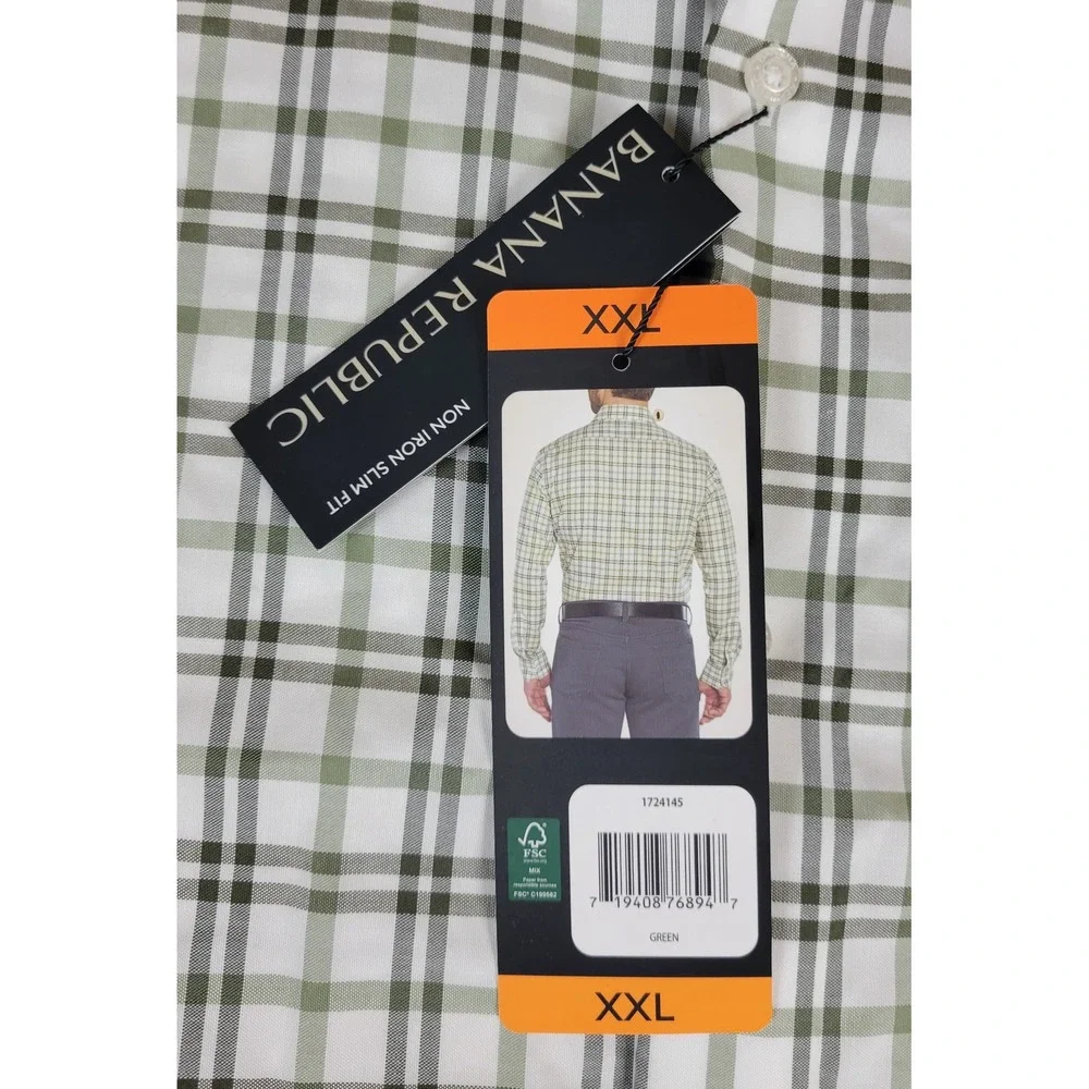 Banana Republic Mens XXL Green Plaid Non Iron Slim Fit Button‎ Up Shirt NWT